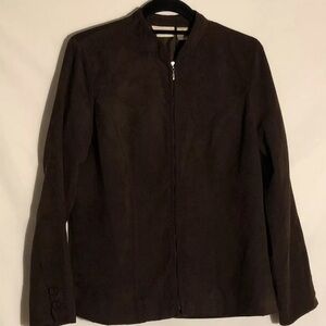 Vtg Studio Works Size 10 Brown Faux Suede Lined Zip Up Collarless Jacket Buttons